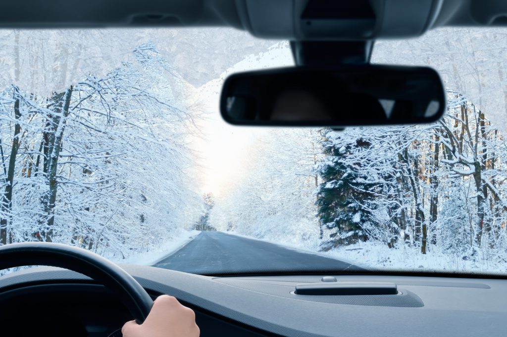 drivers point of view on a snowy road